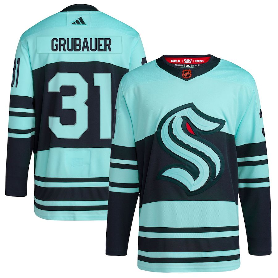 Men Seattle Kraken 31 Philipp Grubauer adidas Teal Reverse Retro Authentic Player NHL Jersey